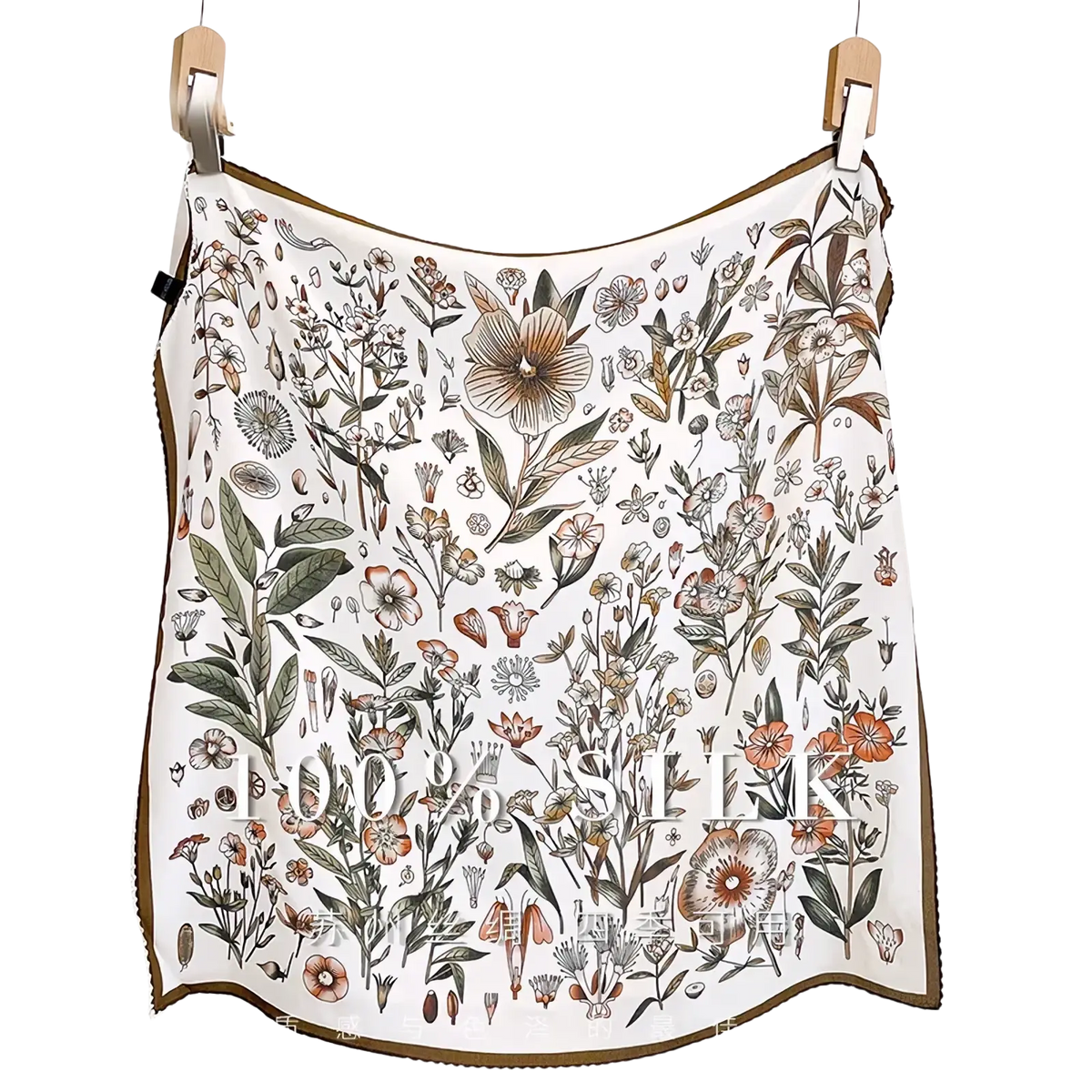 Silk floral square scarf in white with intricate botanical illustration and brown border in soft earthy tones