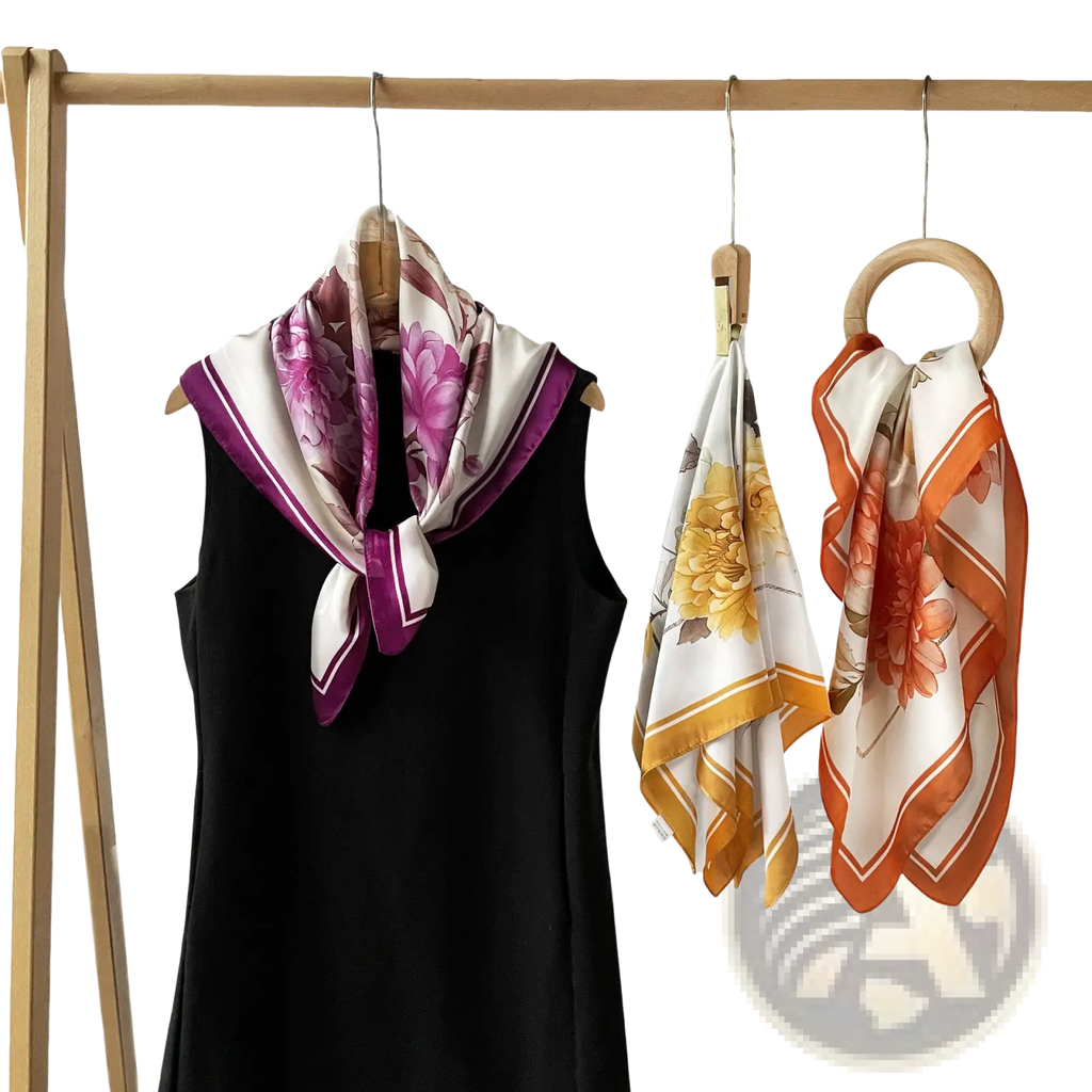 Silk floral square scarf with vibrant pink and purple floral print and bold magenta trim, made of delicate silk