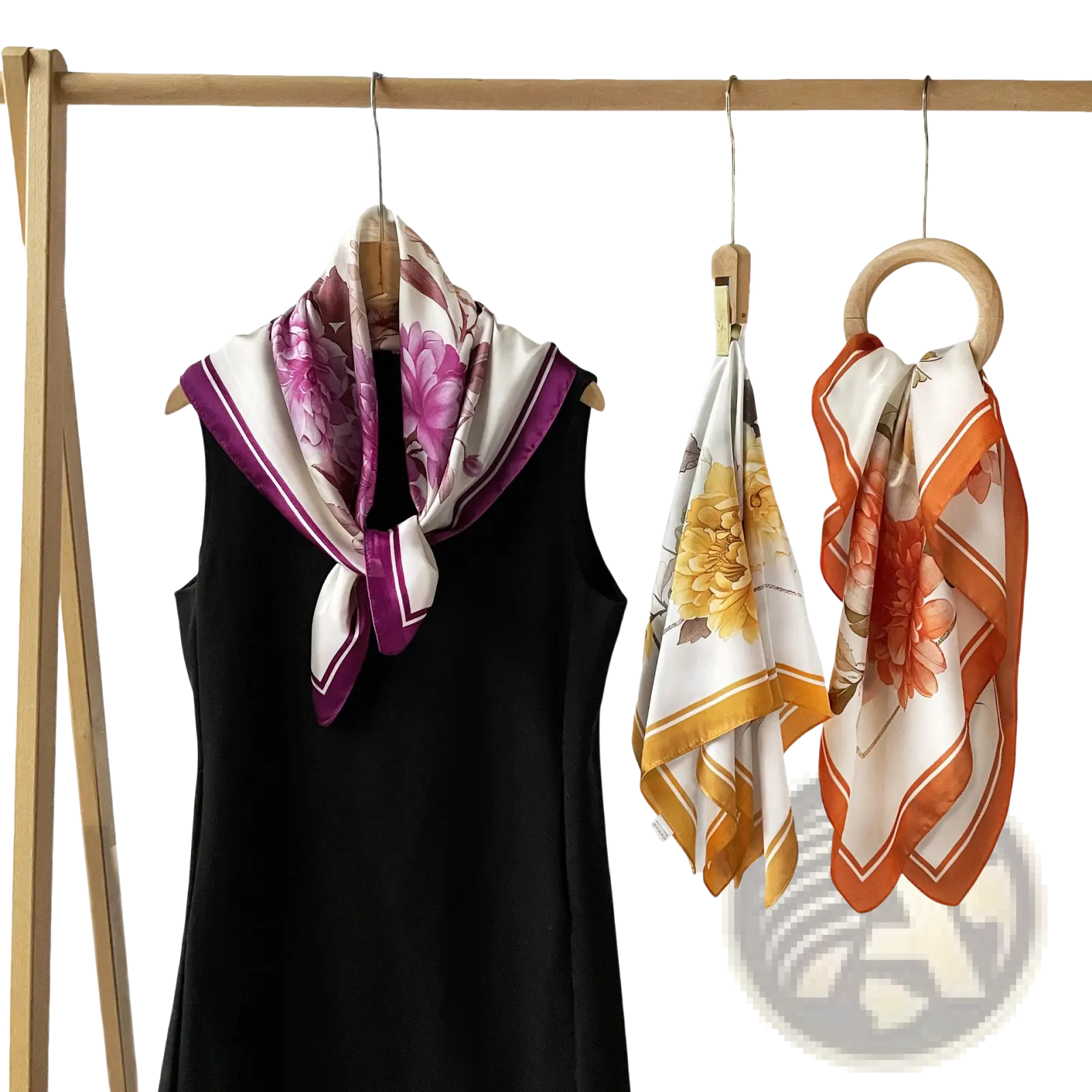 Silk floral square scarf with vibrant pink and purple floral print and bold magenta trim, made of delicate silk