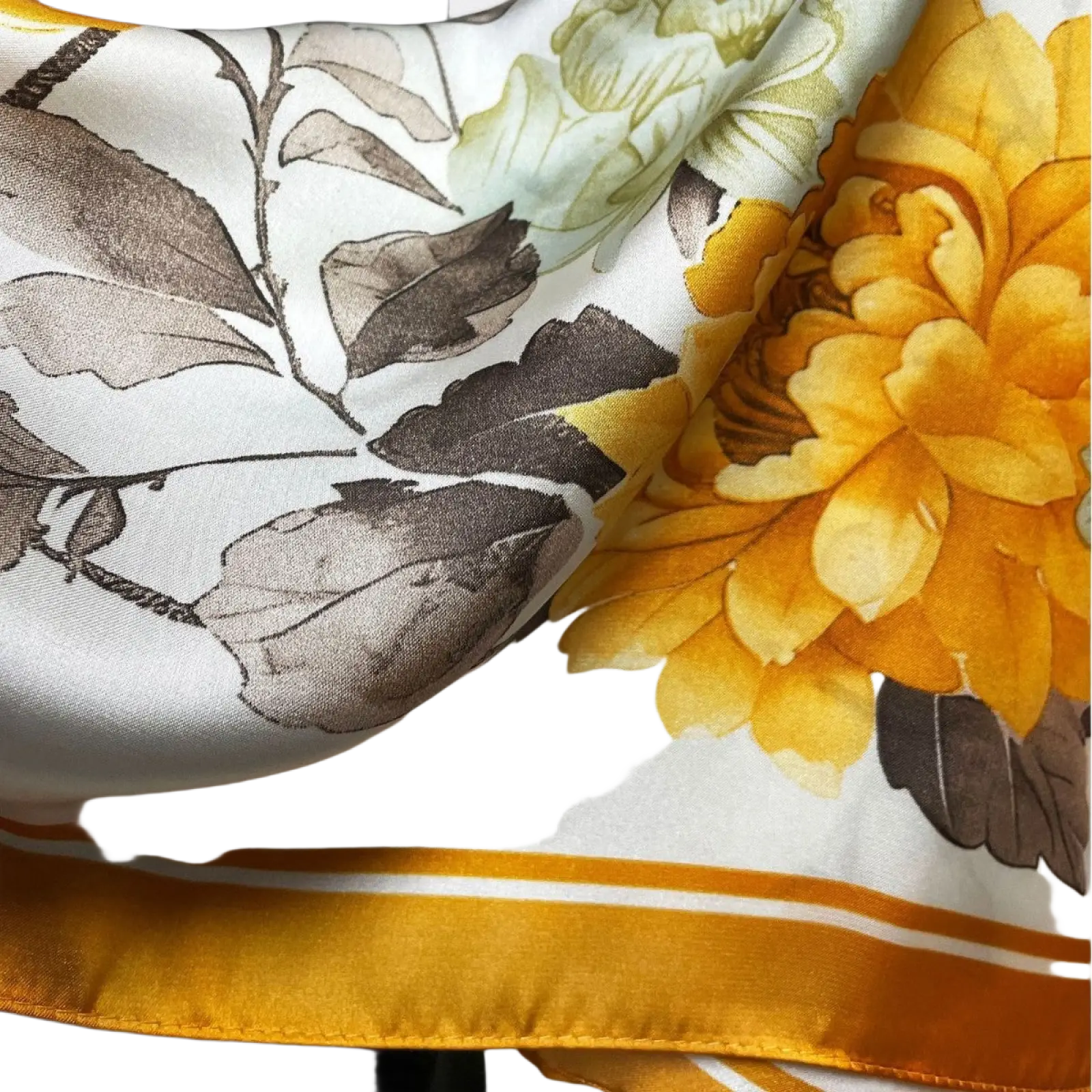 A luxurious white silk floral square scarf with a vibrant yellow peony and brown leaf pattern with gold border