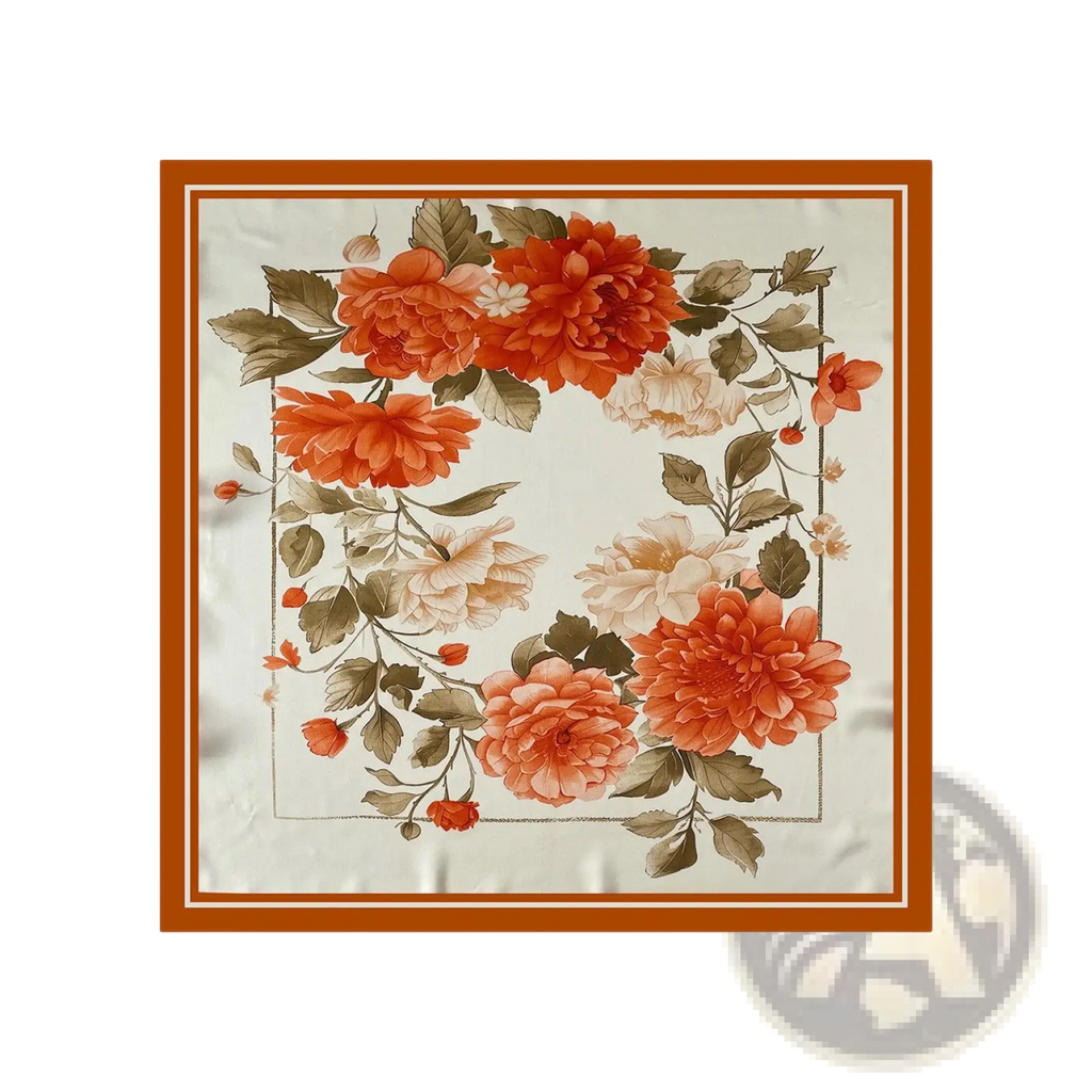 Silk floral square scarf with vibrant orange and cream blossoms and rust-colored border for elegant styling