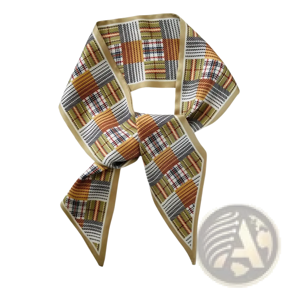Silk scarf geometric print square neck band with orange beige black and white plaid pattern and solid tan border