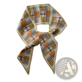 Silk scarf geometric print square neck band with orange beige black and white plaid pattern and solid tan border