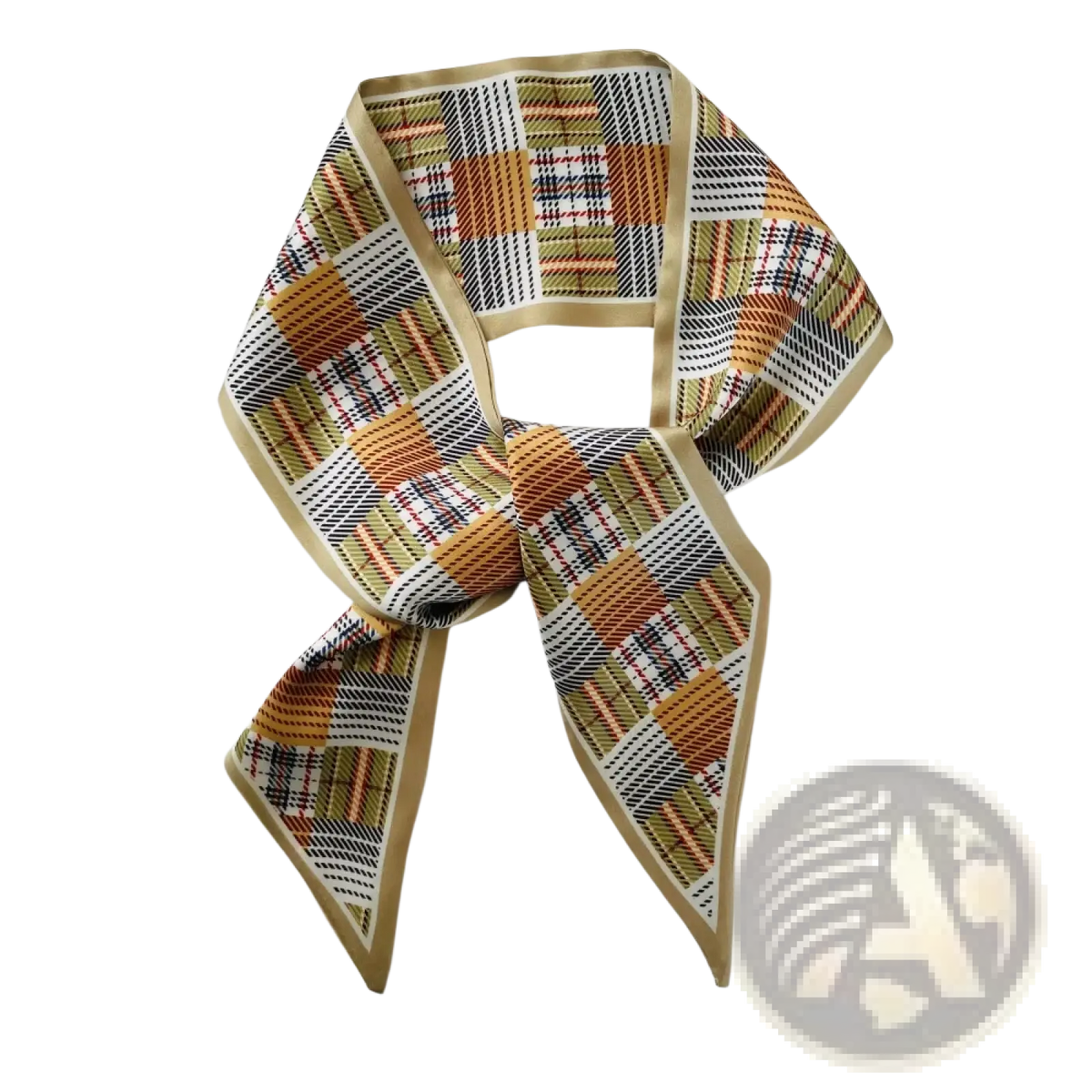 Silk scarf geometric print square neck band with orange beige black and white plaid pattern and solid tan border