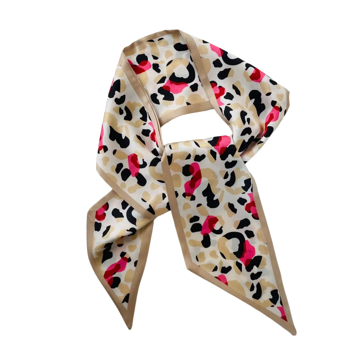 Beige silk scarf geometric print square neck band with bold leopard print in black and vibrant pink spots and tan trim