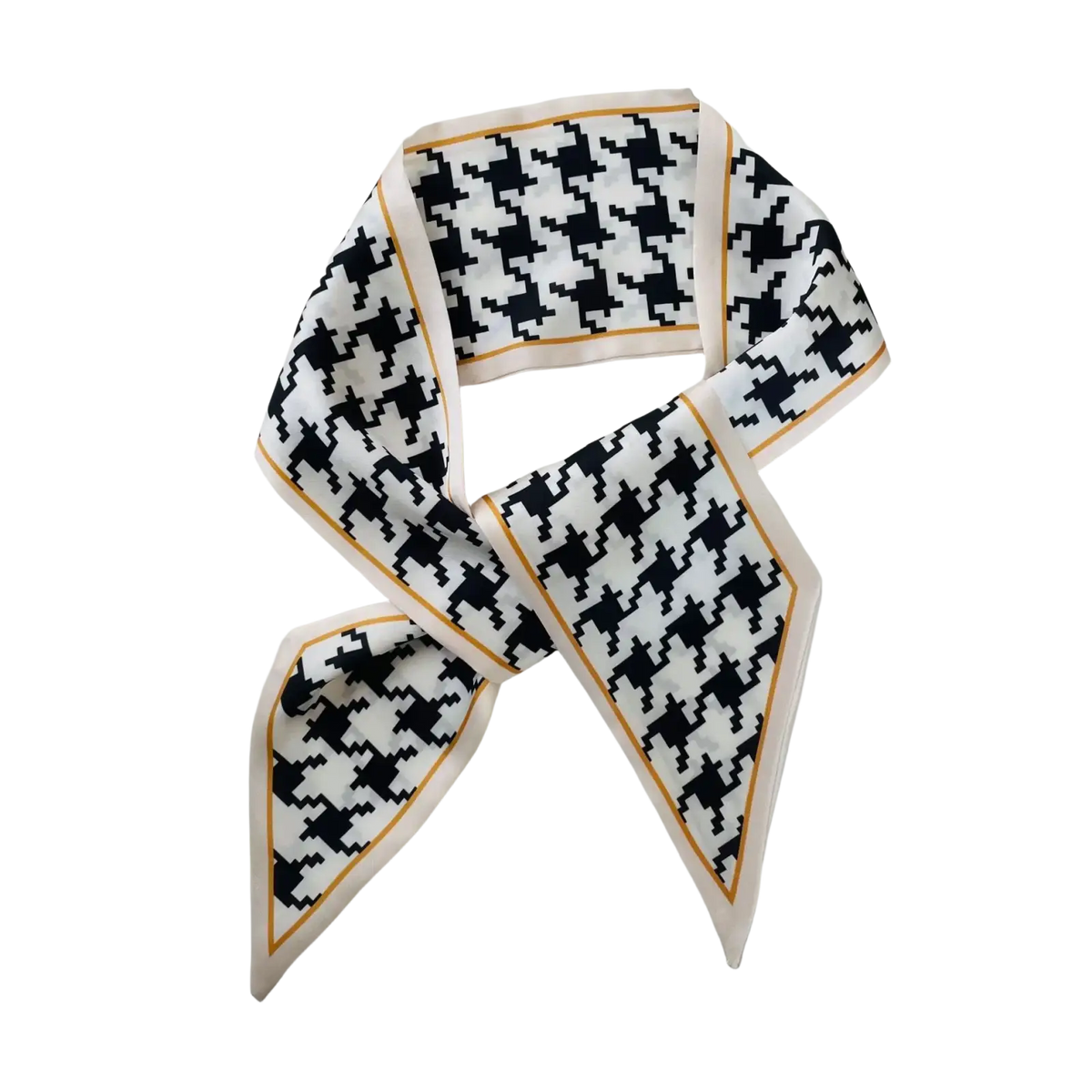 Silk scarf geometric print square neck band in black and white houndstooth pattern with gold trim