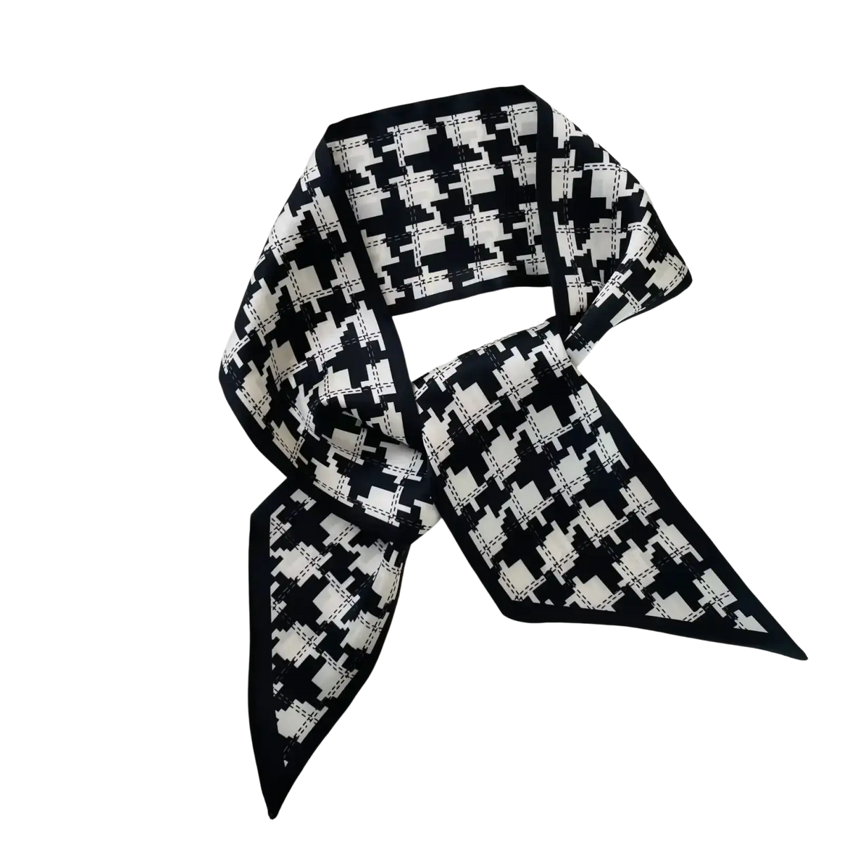 Black and white houndstooth patterned silk scarf with a sleek square neck band design for elegant styling