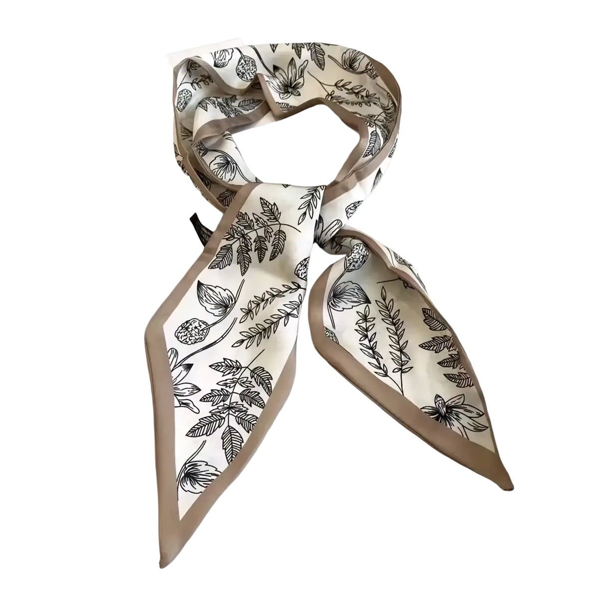 A cream silk scarf with black botanical print and beige border tied as an elegant square neck band neck band