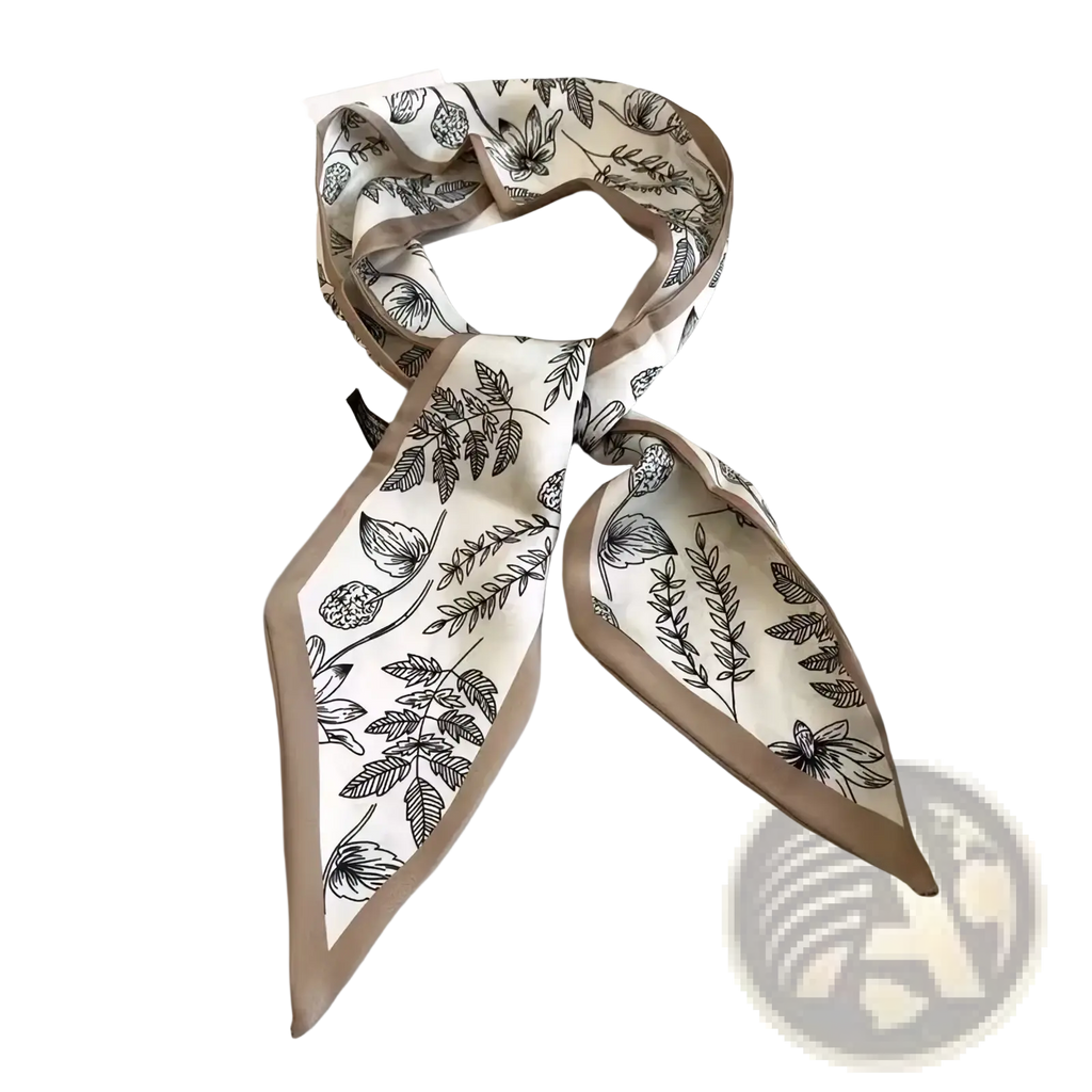 Silk scarf geometric print square neck band with cream-colored silk, black botanical print, beige trim tied in elegant knot