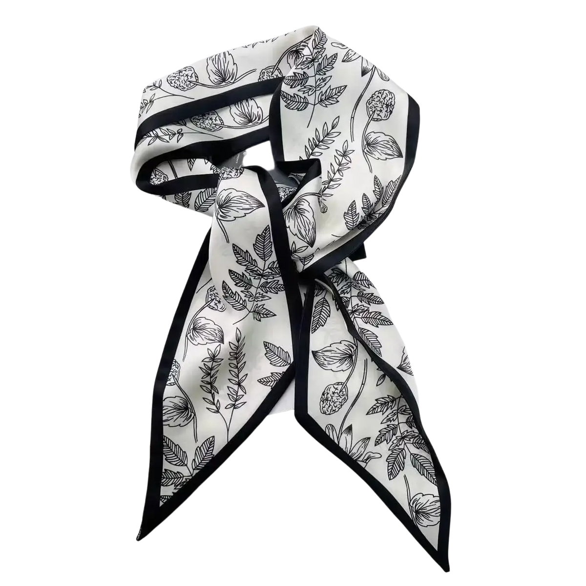 A delicate white silk scarf with an elegant black botanical print and contrasting border styled in a classic knot