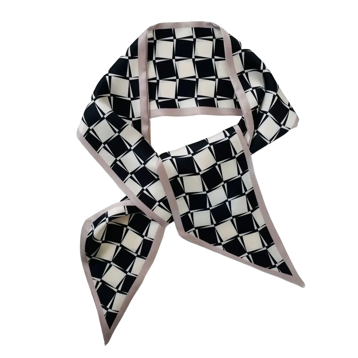 A sleek black and white checkered silk scarf with a subtle pink satin border perfect as a square neck band