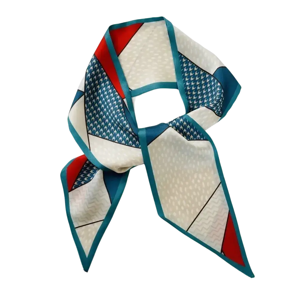 A stylish silk scarf geometric print square neck band with cream teal and red accents in silk material