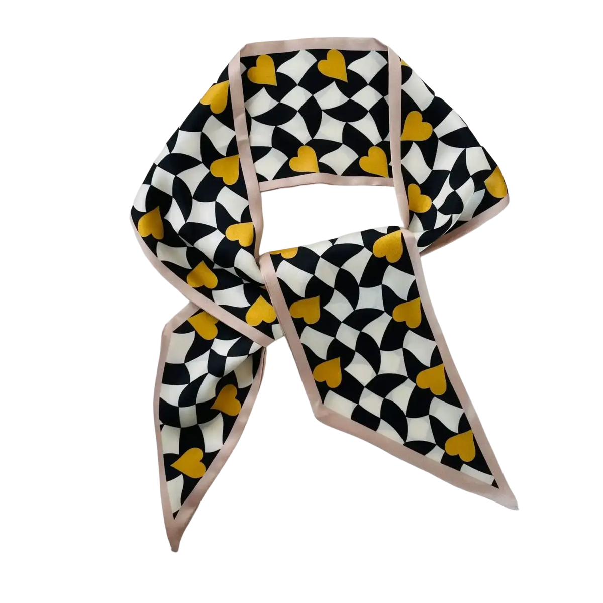 A silk scarf neck band with black white and mustard yellow geometric print and soft pink satin square neck band border