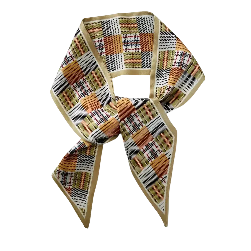 Silk scarf square neck band with vibrant orange beige black plaid pattern and soft cream-colored border