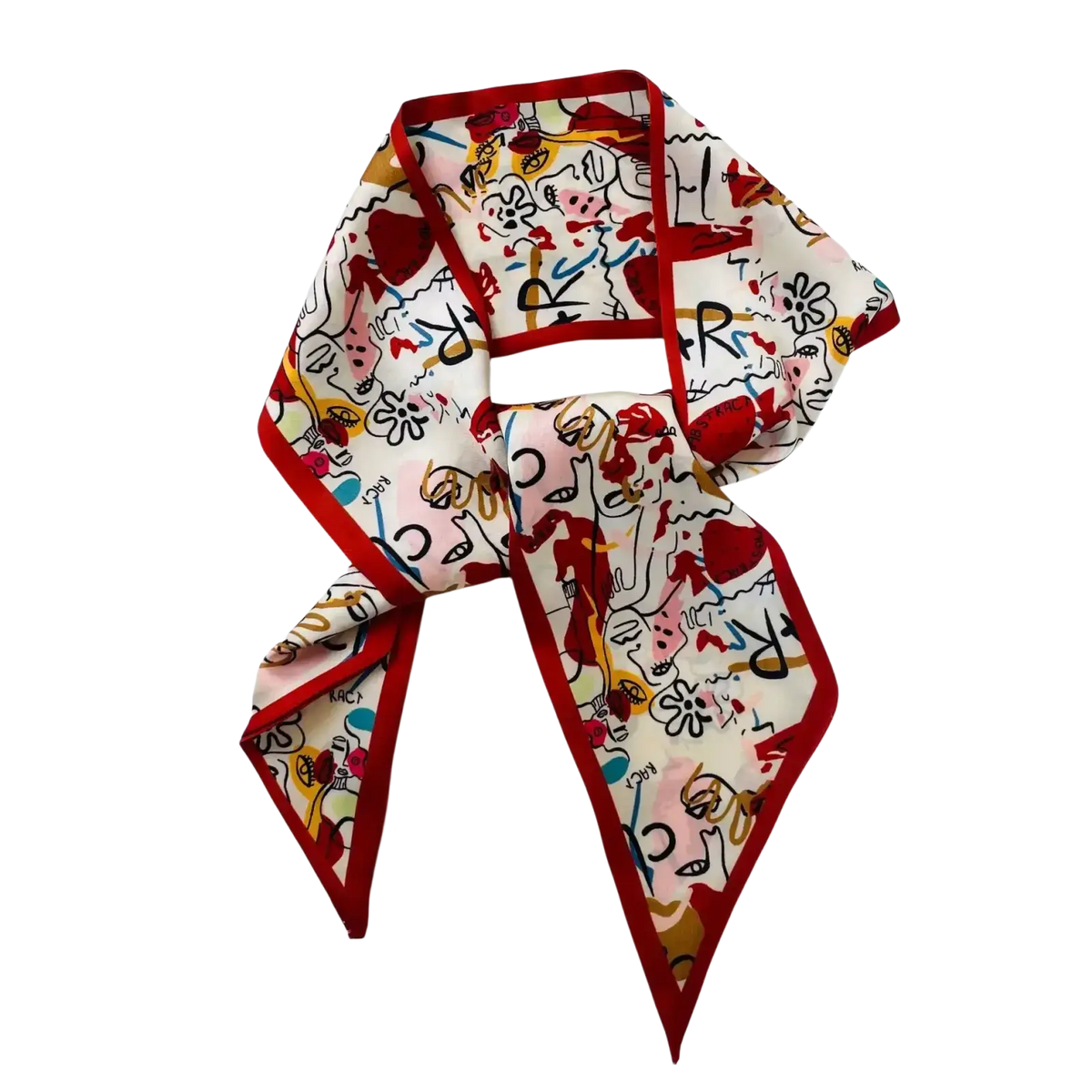A vibrant cream silk scarf with a bold red border and abstract prints as a square neck band accessory