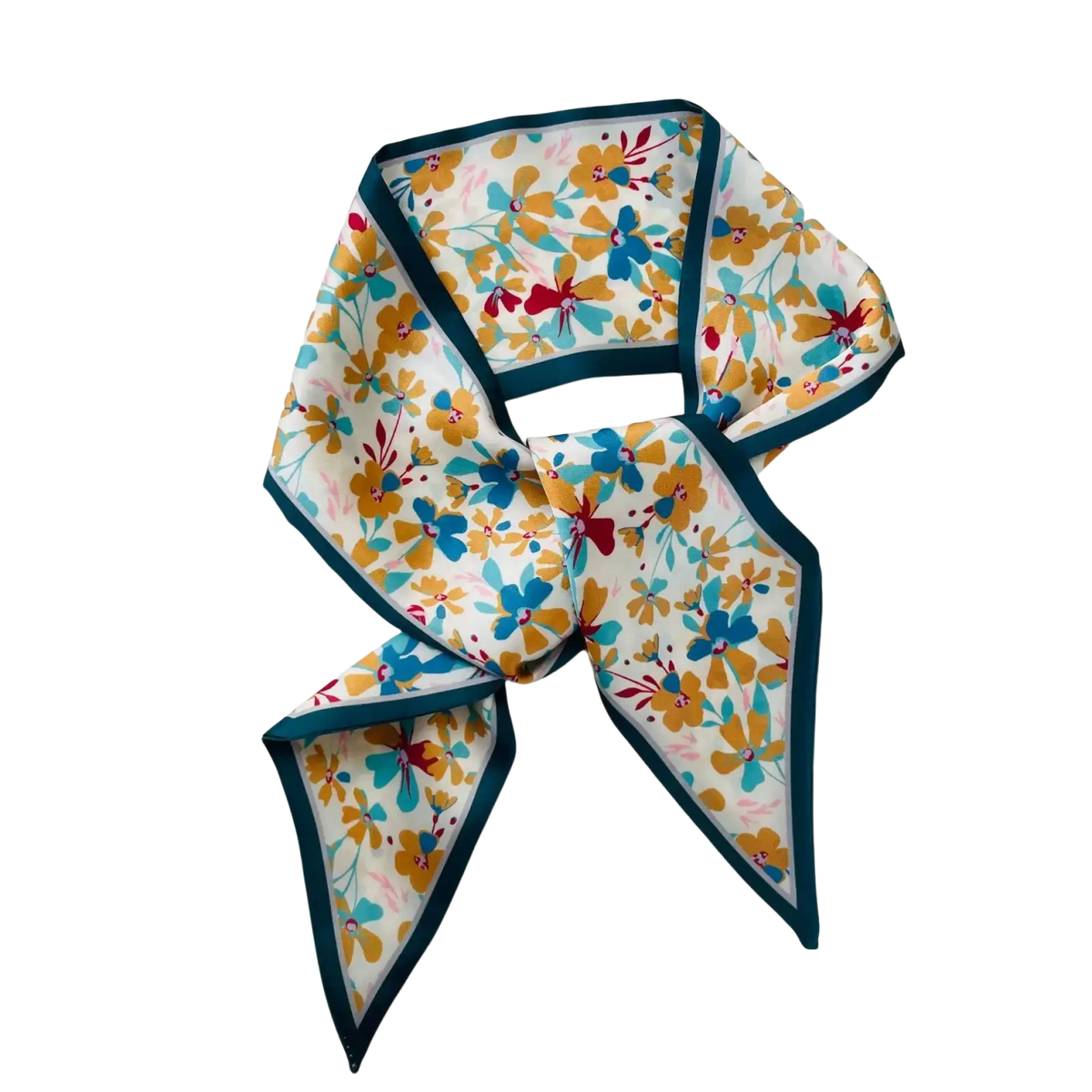 Silk scarf geometric print square neck band featuring vibrant floral pattern with yellow blue red blossoms and teal border