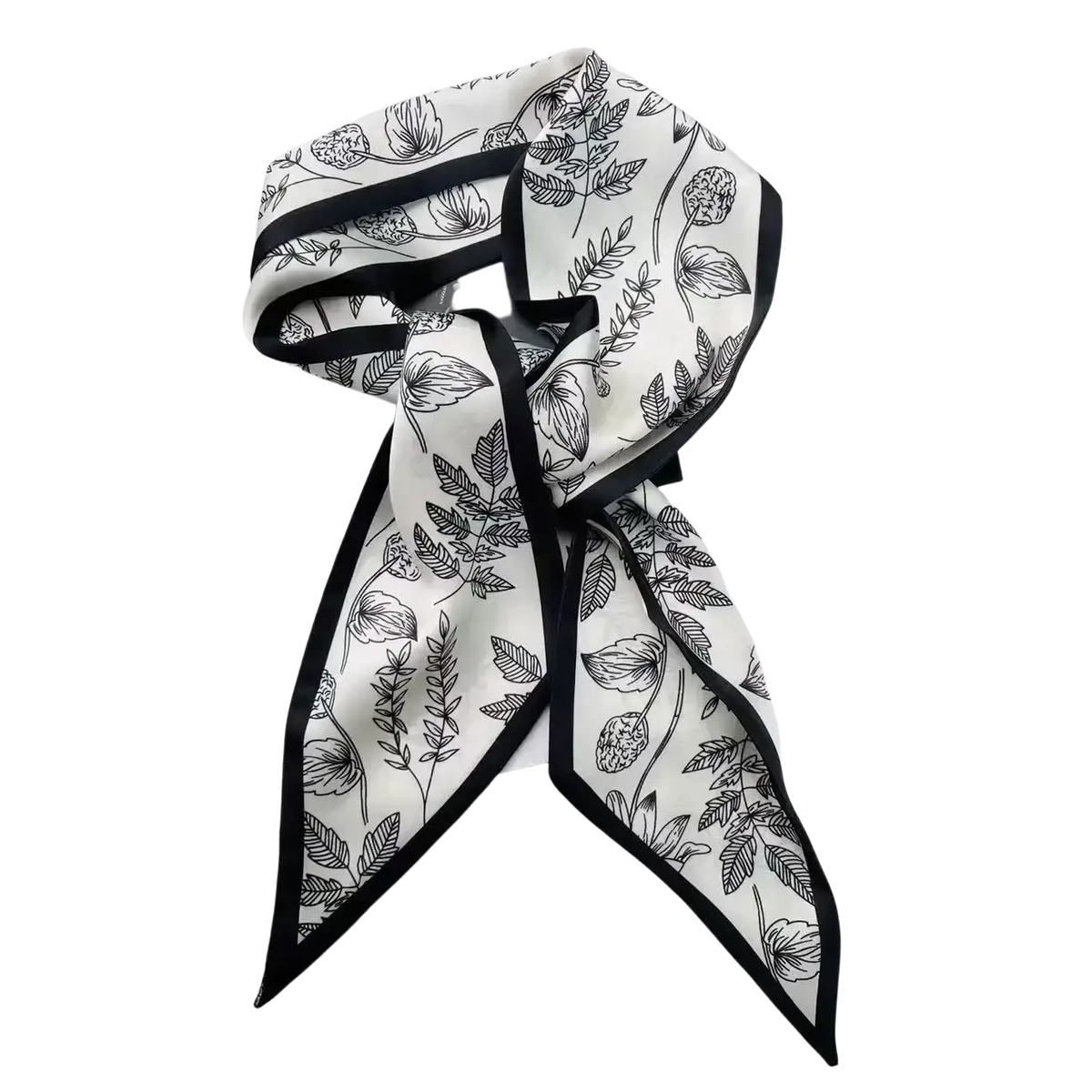 White silk scarf with black botanical print and solid black border designed as a square neck band silk scarf