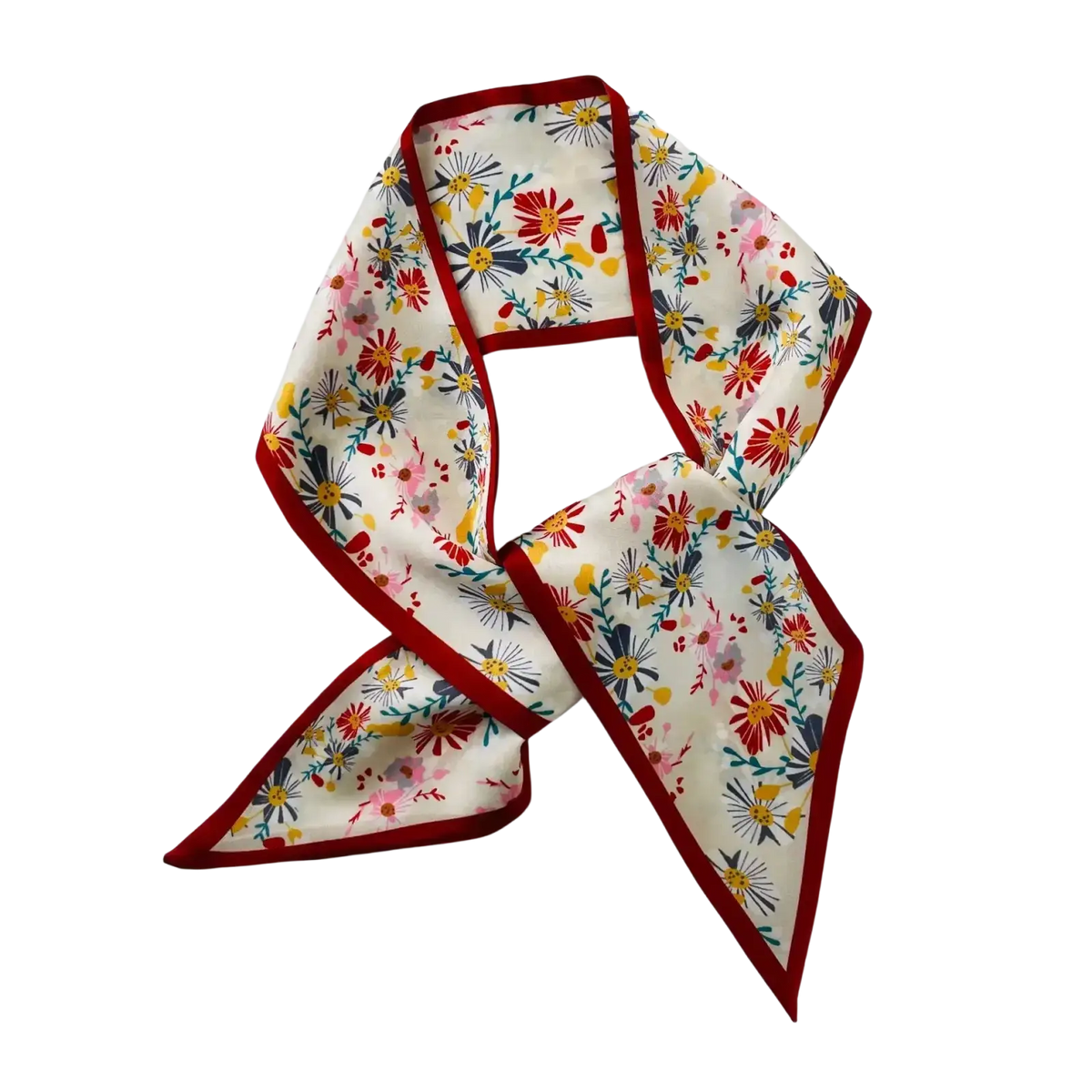 White silk scarf with vibrant red yellow blue floral pattern and bold red trim as a square neck band neck band
