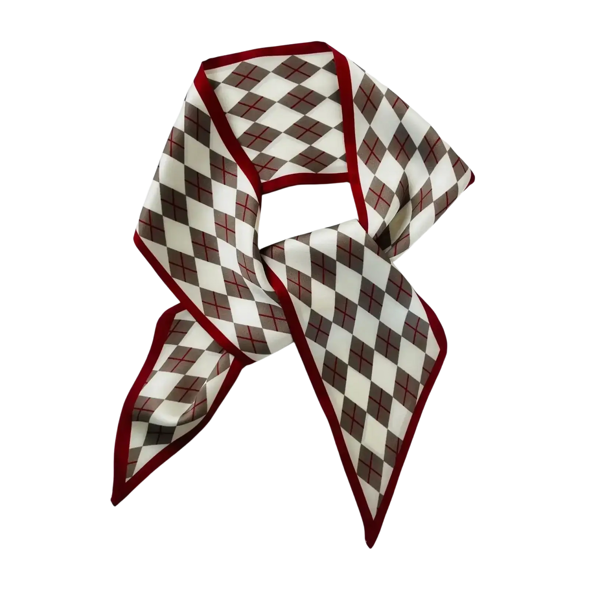 Silk scarf geometric print square neck band featuring white gray burgundy argyle pattern with bold red border