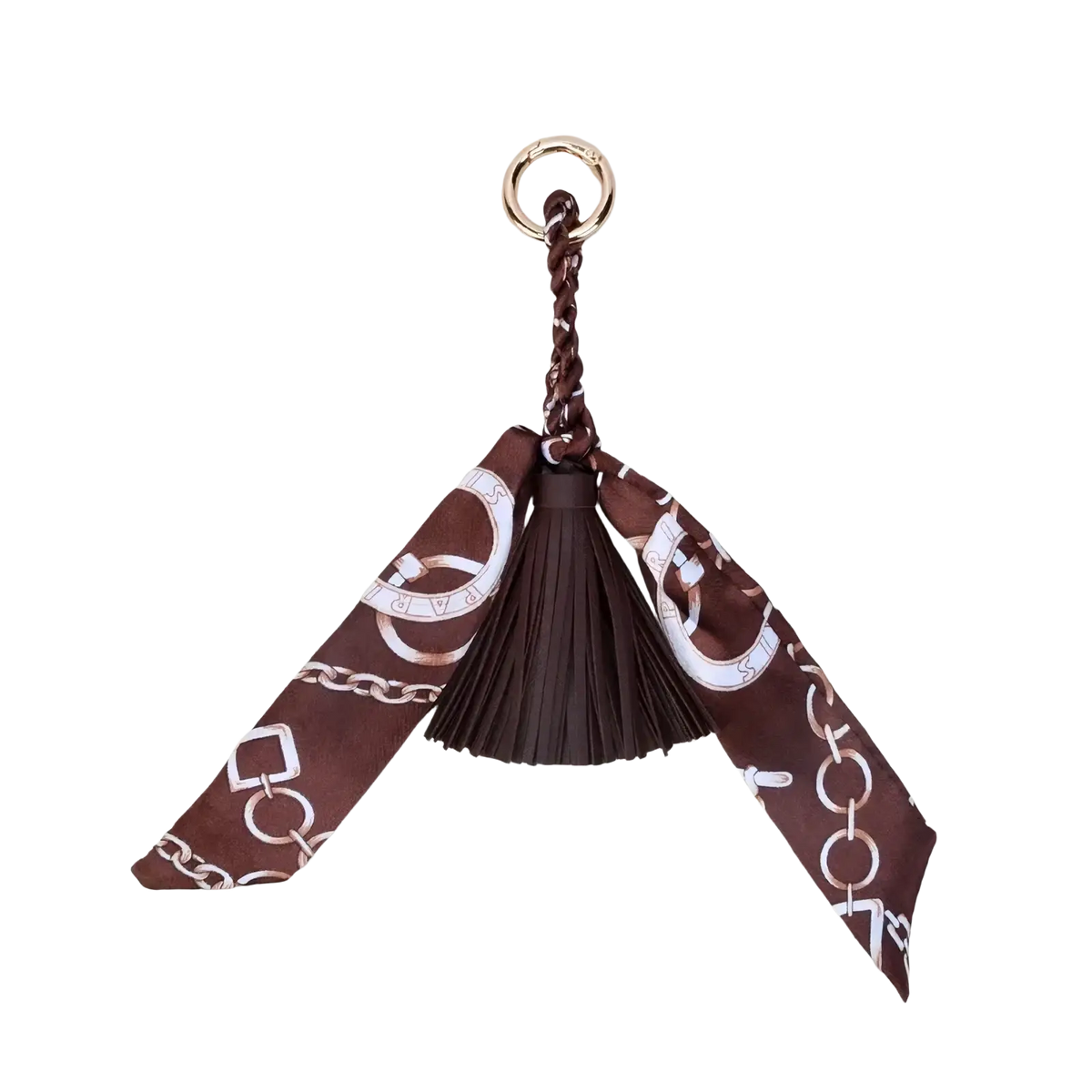 Brown silk scarf tassel keychain with silver chain motif and matching tassel for bags accessory