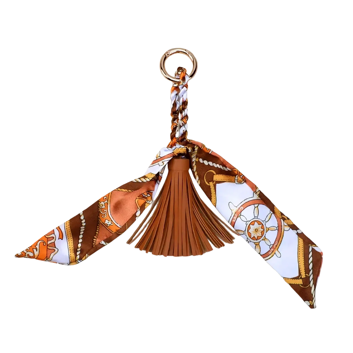 Silk scarf tassel keychain for bags with brown and white nautical silk scarf, braided cord, and matching leather fringe tassel