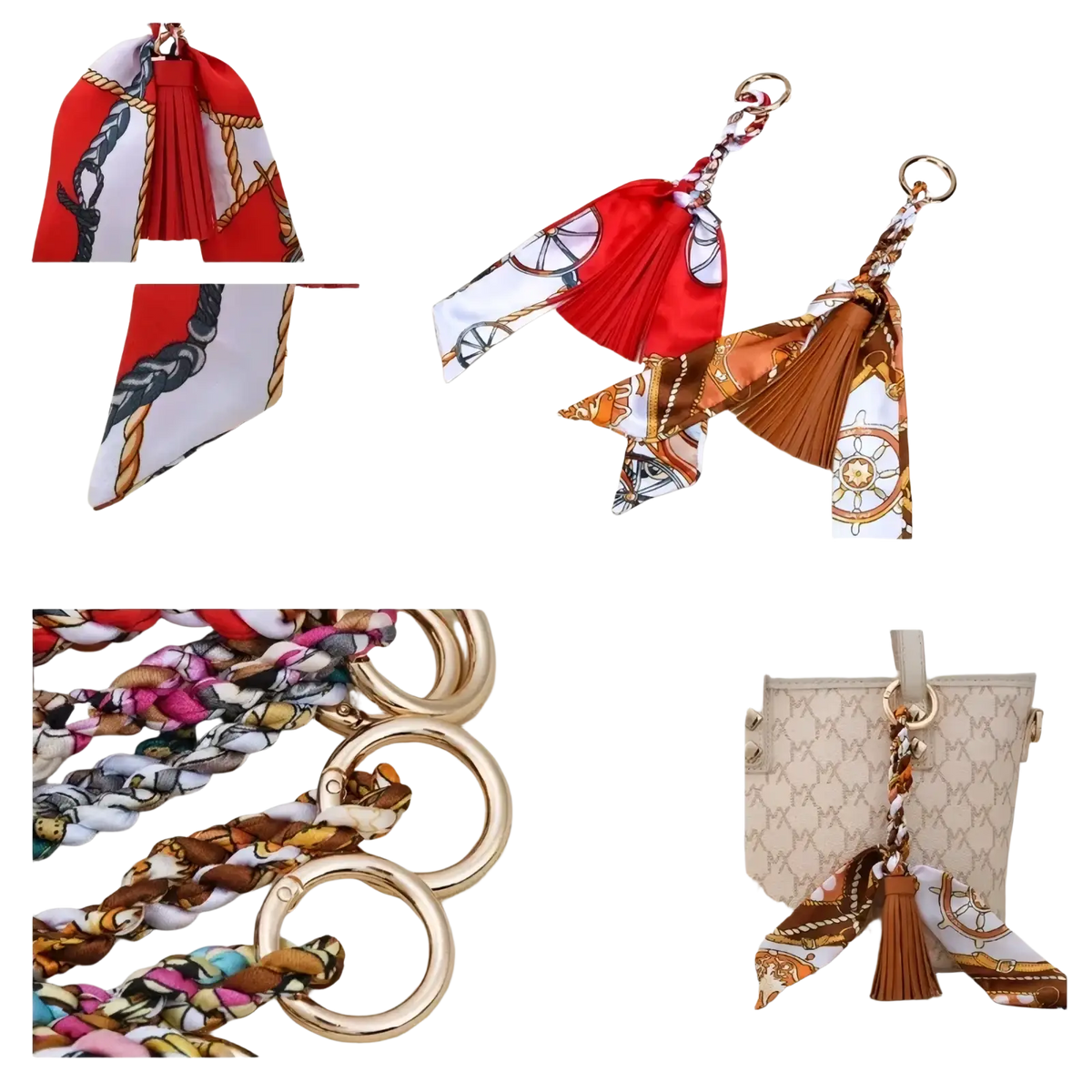 Silk scarf tassel keychain featuring a braided red white and gold silk scarf with nautical patterns for bags