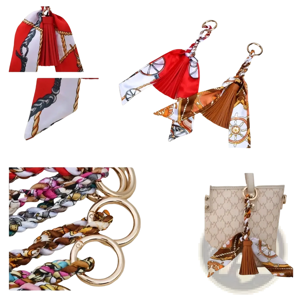 Silk scarf tassel keychain featuring a braided red white and gold silk scarf with nautical patterns for bags