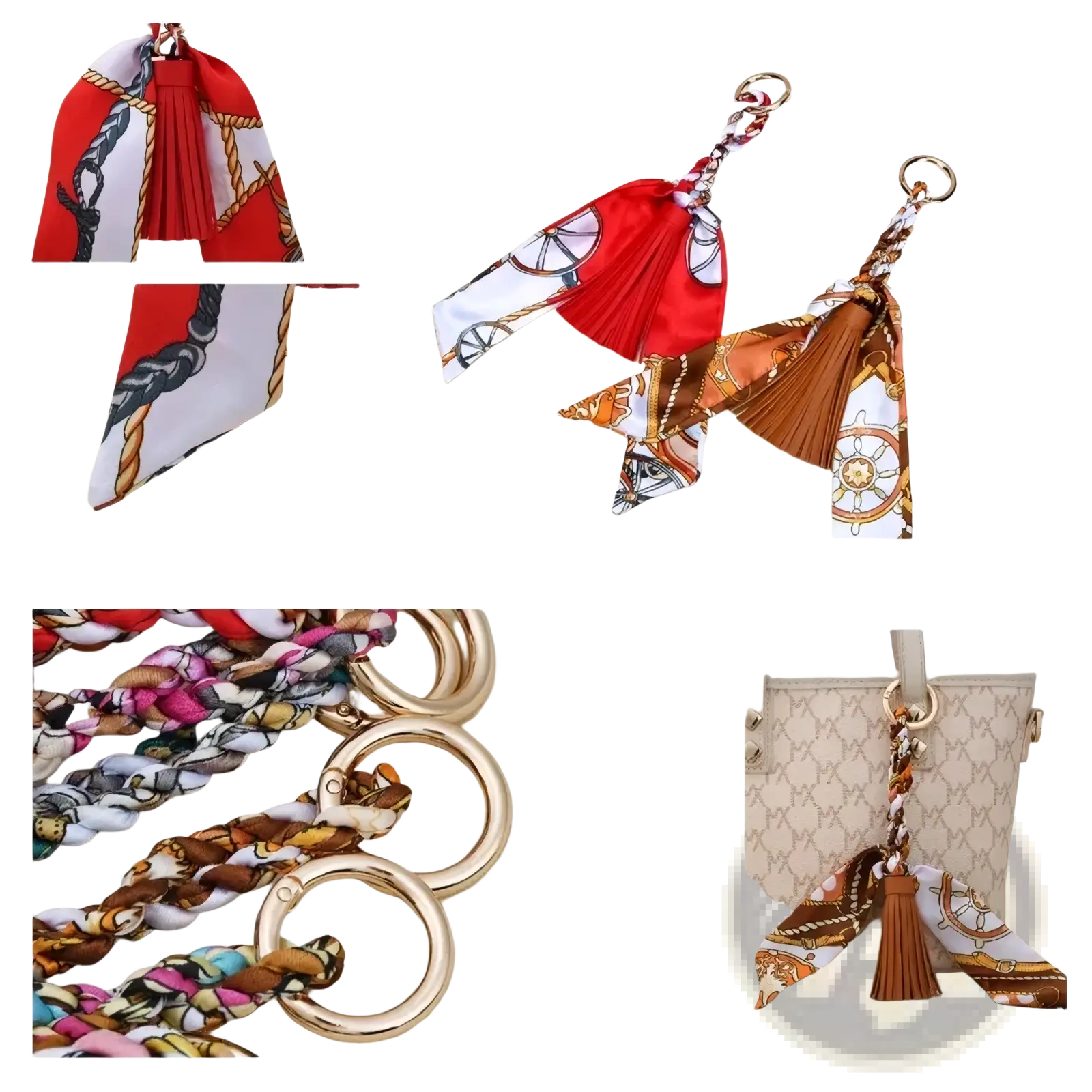 Silk scarf tassel keychain featuring a braided red white and gold silk scarf with nautical patterns for bags