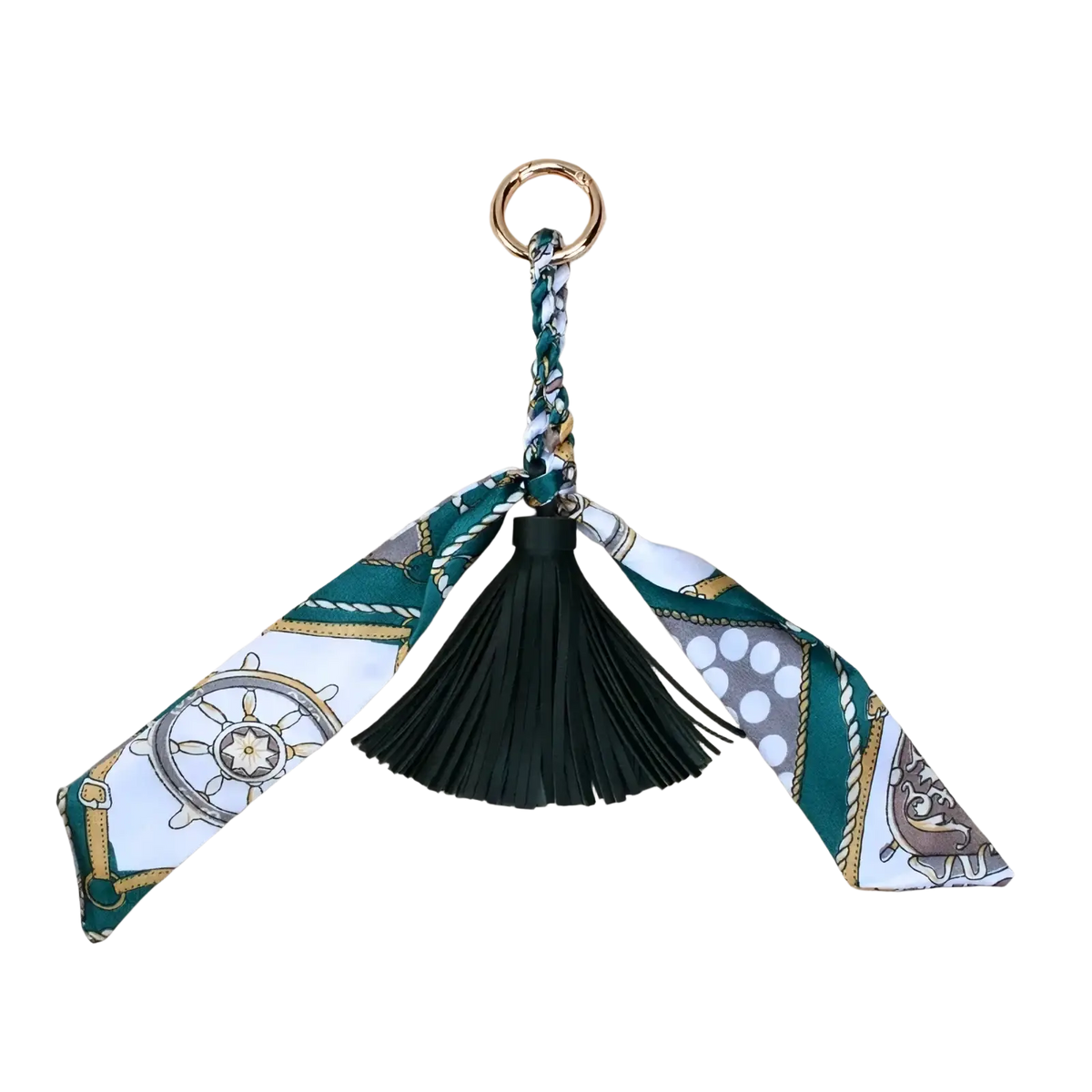 Silk scarf tassel keychain for bags featuring a green and white patterned silk scarf with a black leather tassel