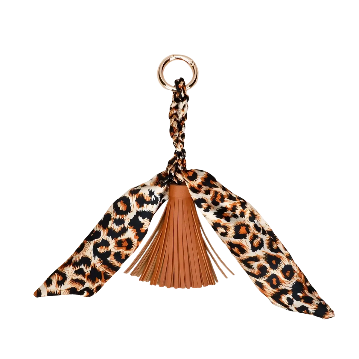 Silk scarf tassel keychain for bags with leopard print fabric, tan leather tassel, and braided fabric ends