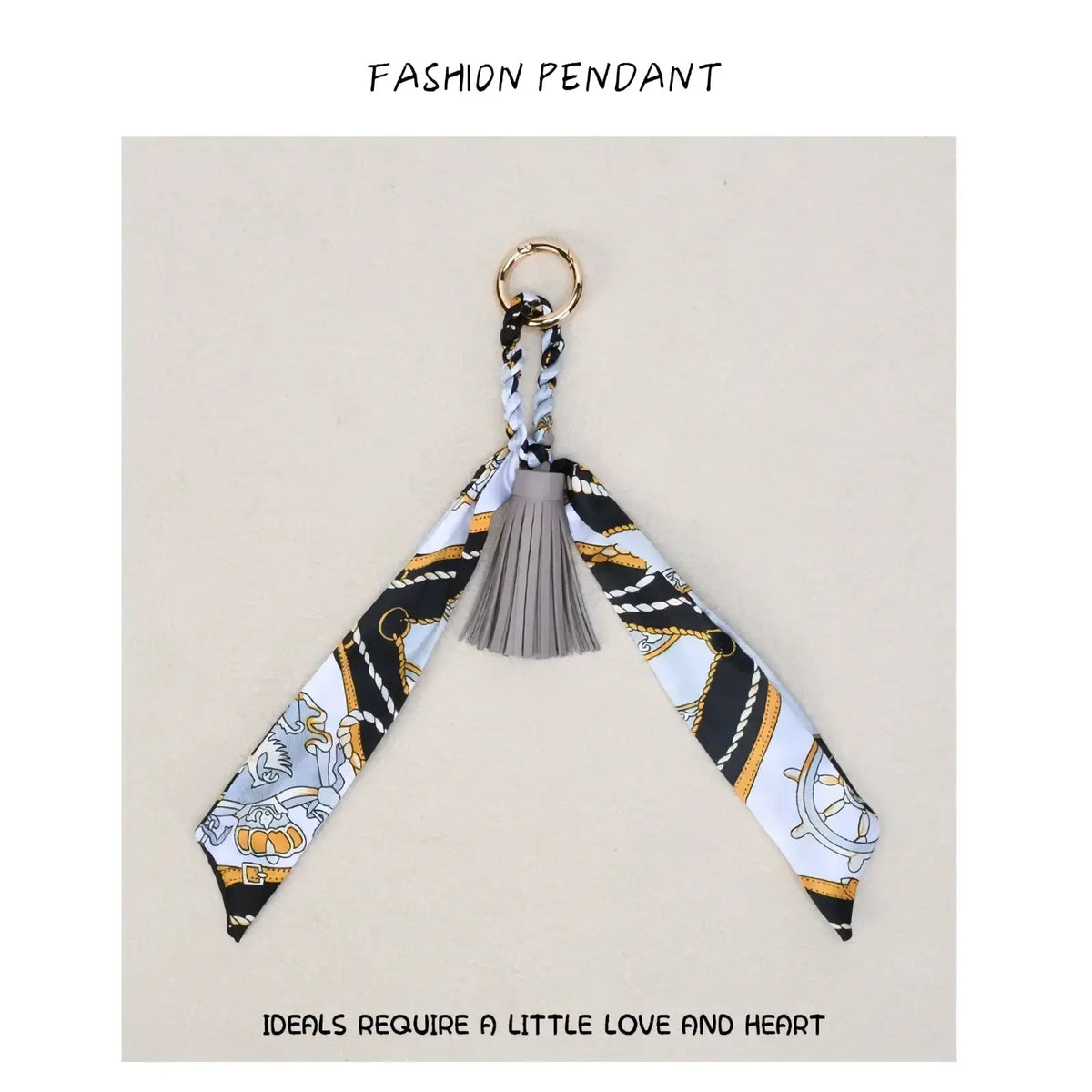 Silk scarf tassel keychain for bags with nautical black white and gold rope ship wheel patterns gray tassel and gold ring