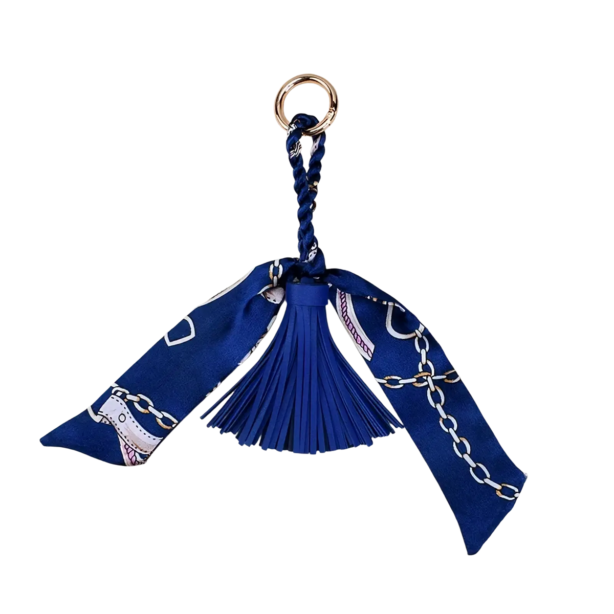 Navy blue silk scarf tassel keychain with chain pattern and fringed tassel for bags accessory