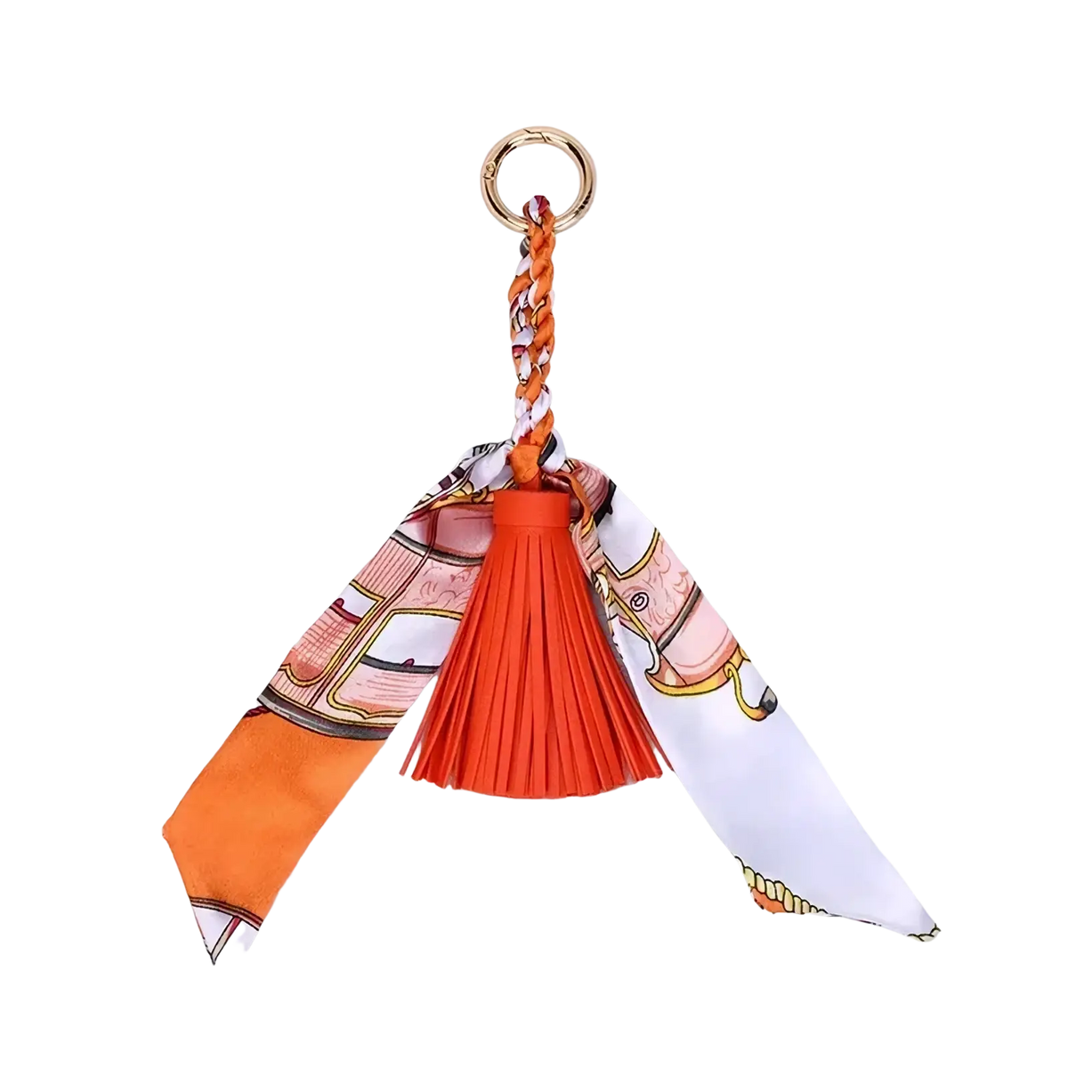Silk scarf tassel keychain for bags with orange tassel, printed silk scarf, braided orange white pink cords, and gold ring