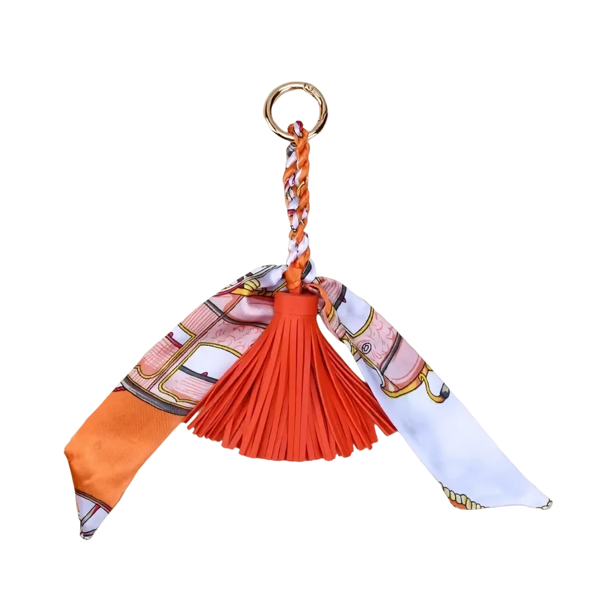 Orange silk scarf tassel keychain with braided detail and gold-tone ring for bags and accessories
