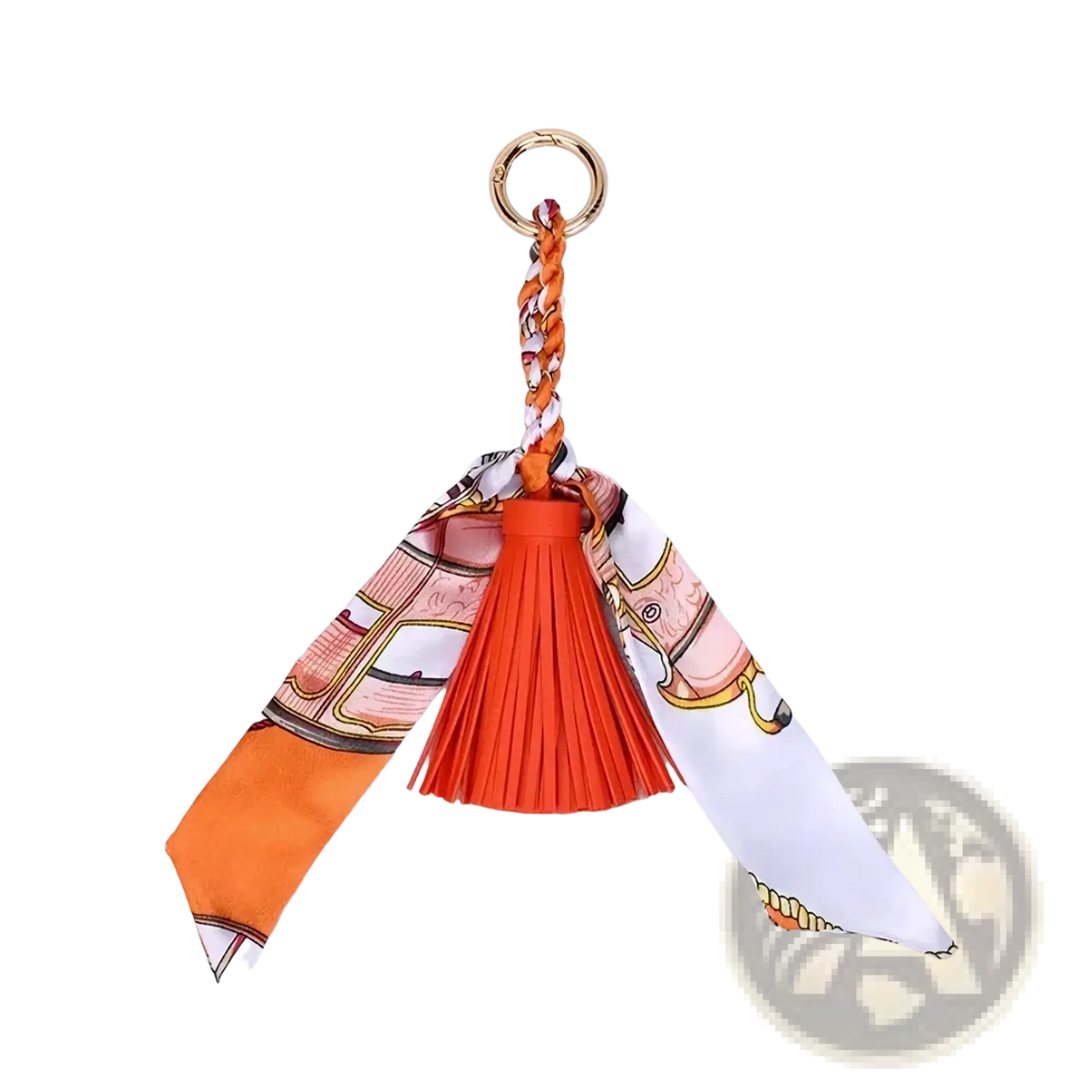Silk scarf tassel keychain for bags with orange tassel, printed silk scarf, braided orange white pink cords, and gold ring