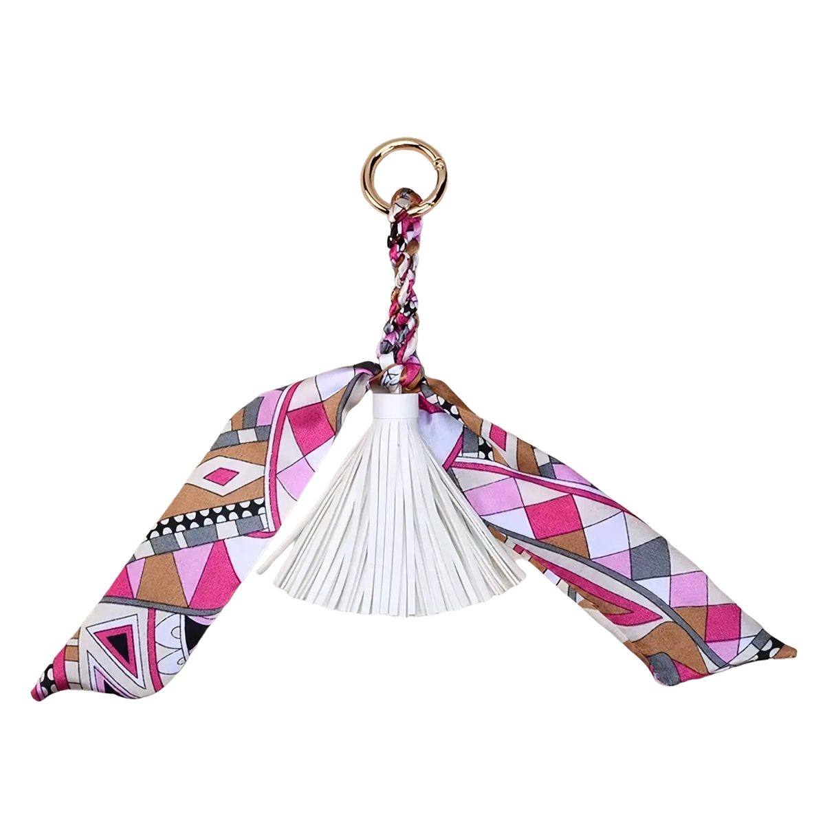 Silk scarf tassel keychain for bags featuring a pink brown and gray geometric-patterned silk scarf with a white tassel