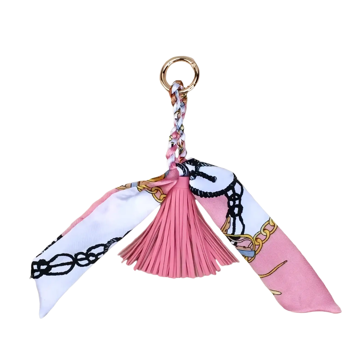 Pink leather tassel keychain with braided silk scarf featuring black chain and gold accents for bags