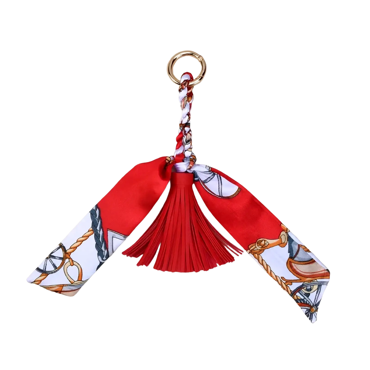 Silk scarf tassel keychain for bags featuring red silk material with horse harness print and matching red tassel accessory