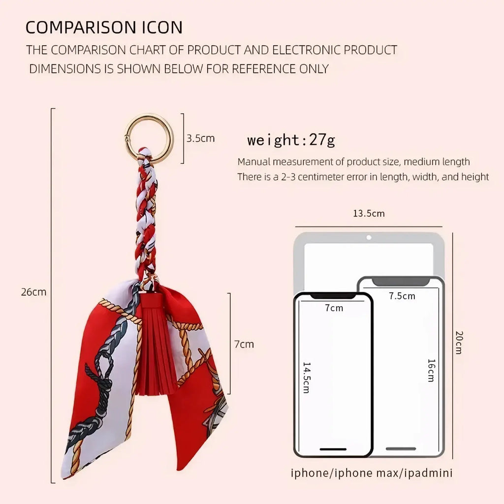 Silk scarf tassel keychain for bags featuring red and white patterned silk with gold-toned metal ring