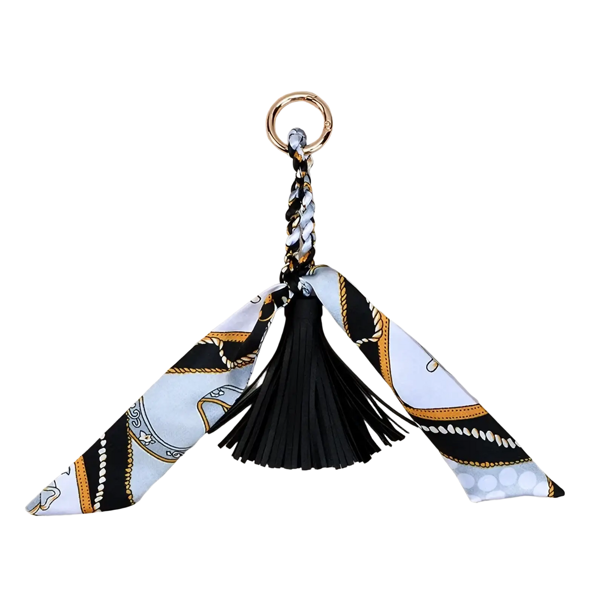 A stylish black and light blue patterned silk scarf tassel keychain with gold trim for bags with braided cord and central tassel