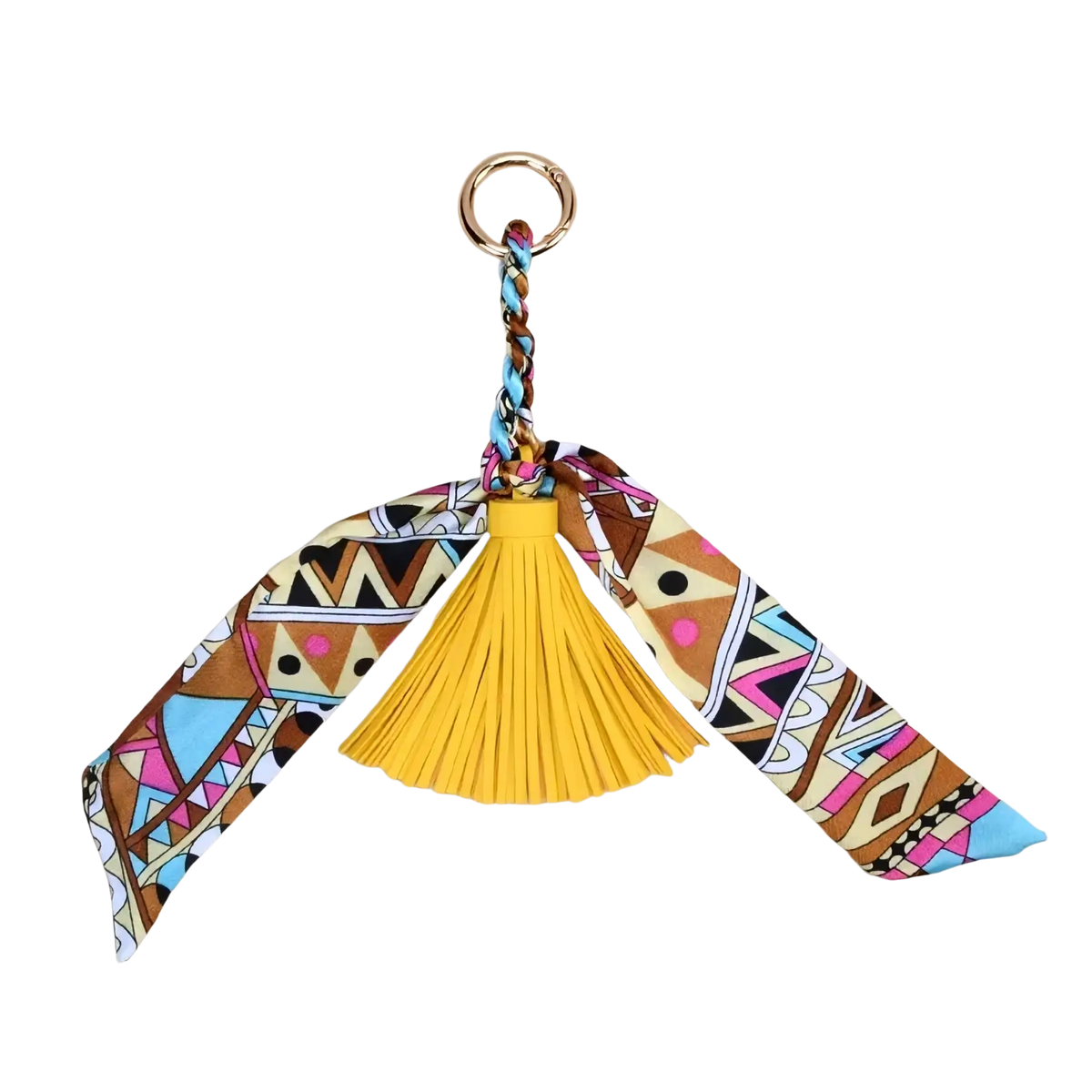 Silk scarf tassel keychain featuring a vibrant yellow tassel with colorful geometric fabric ribbon and braided cord for bags