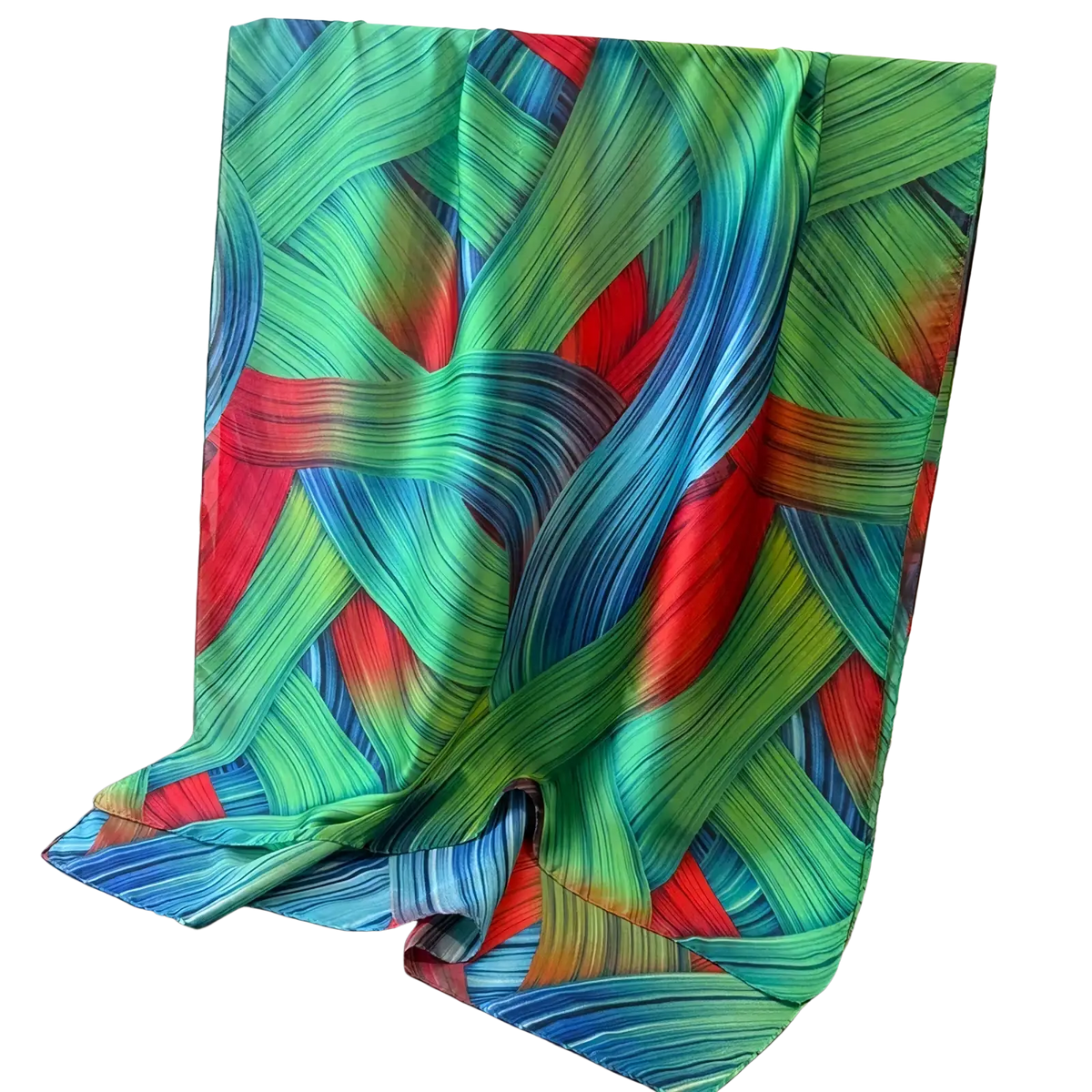 Vibrant abstract silk scarf for women featuring flowing green blue and red ribbon-like patterns in a spring shawl wrap