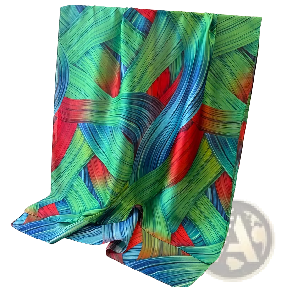 Vibrant abstract silk scarf for women featuring flowing green blue and red ribbon-like patterns in a spring shawl wrap