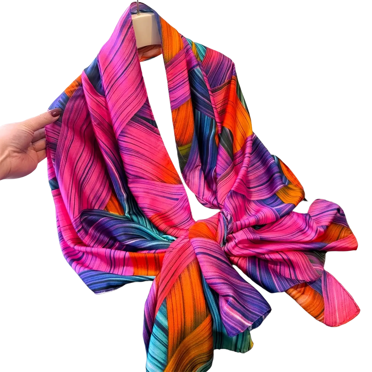 Vibrant multicolored silk scarf with flowing abstract stripes in pink orange purple and teal for spring wrap