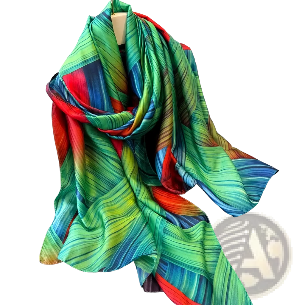 Silk scarf women colorblock spring shawl wrap with vibrant abstract green red and blue hues and silky texture