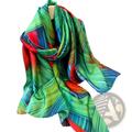 Silk scarf women colorblock spring shawl wrap with vibrant abstract green red and blue hues and silky texture