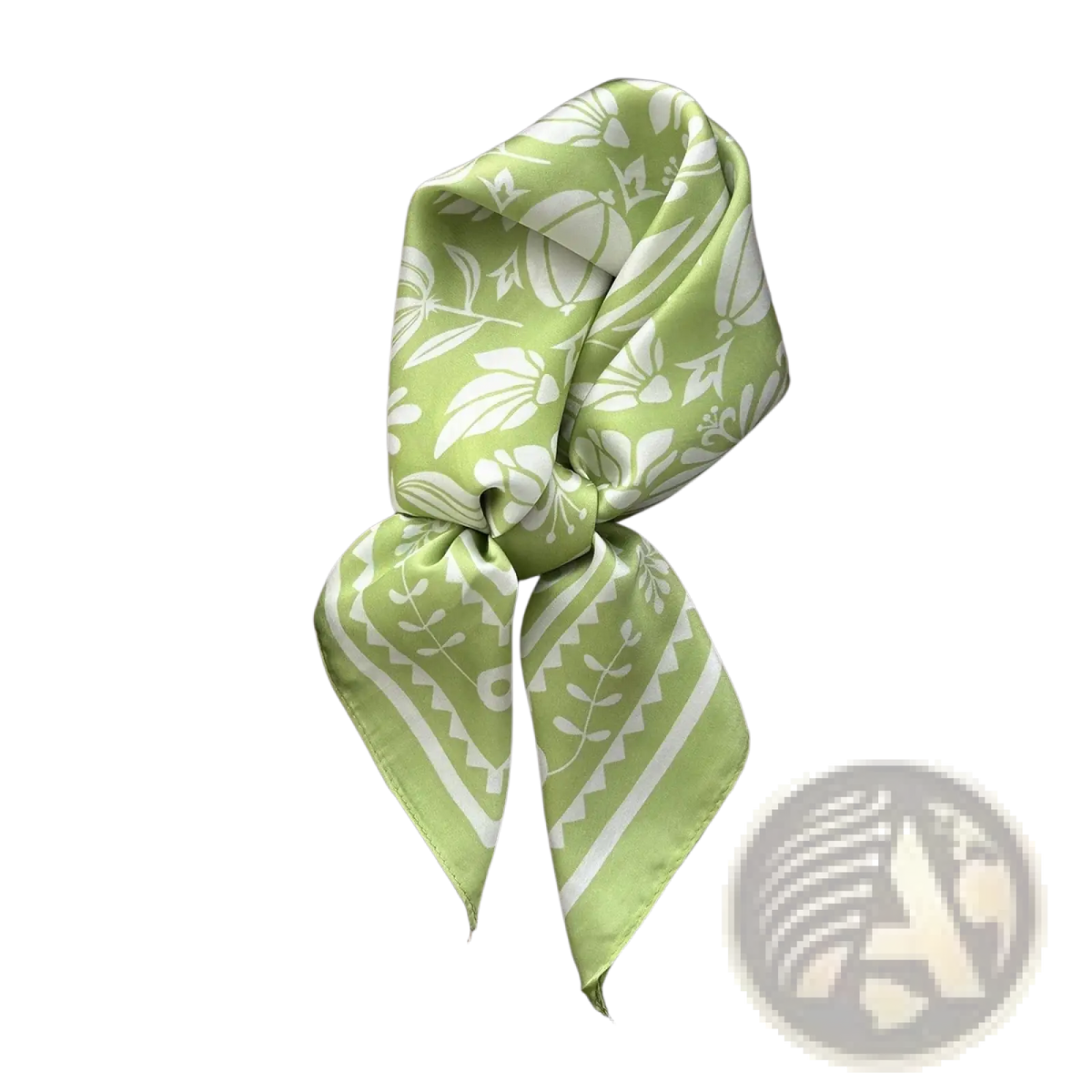 A light green silk square scarf with white floral and geometric patterns tied as an elegant retro neckerchief