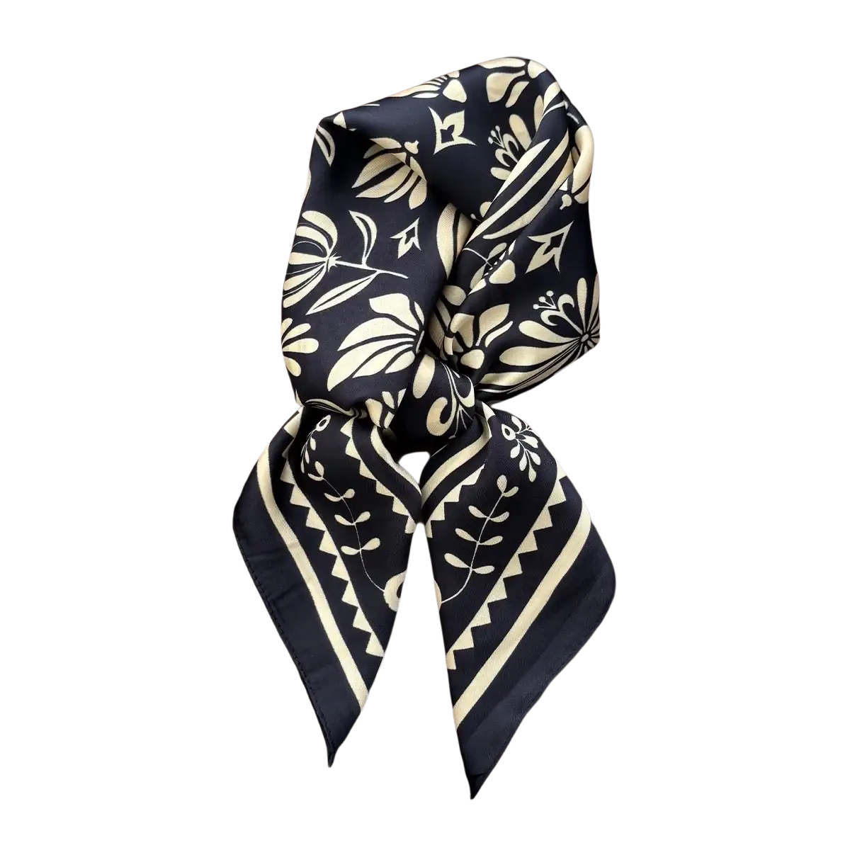 Elegant navy blue silk square scarf with cream floral and geometric patterns neatly folded in a gift box