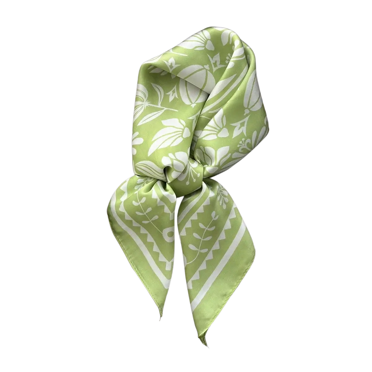 A light green silk square scarf with white floral and geometric patterns tied as an elegant retro neckerchief