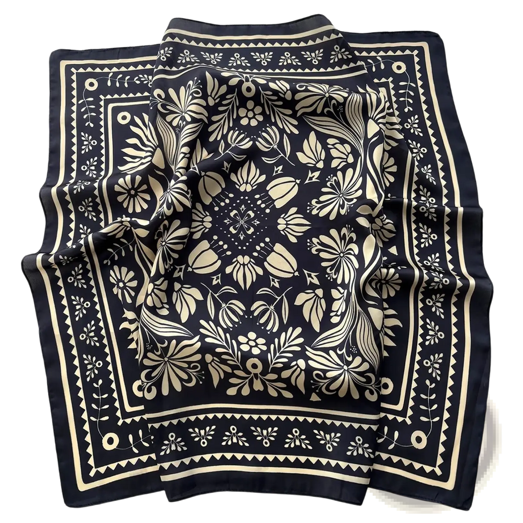 A luxurious navy blue silk square scarf with cream floral and geometric patterns for retro neckerchief or hair band use